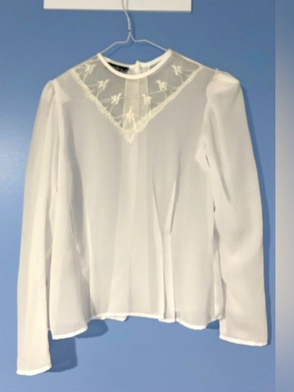 Topics California Vintage White Lace Blouse – Semi‑Sheer, Long Sleeve, Like New